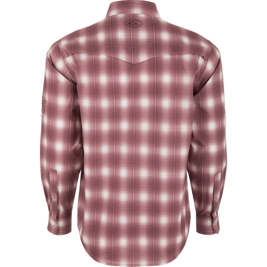 Cinco Ranch Western Plaid Long Sleeve Shirt, featuring a western back cape and two snap chest pockets, showcasing its intricate red and white plaid pattern.