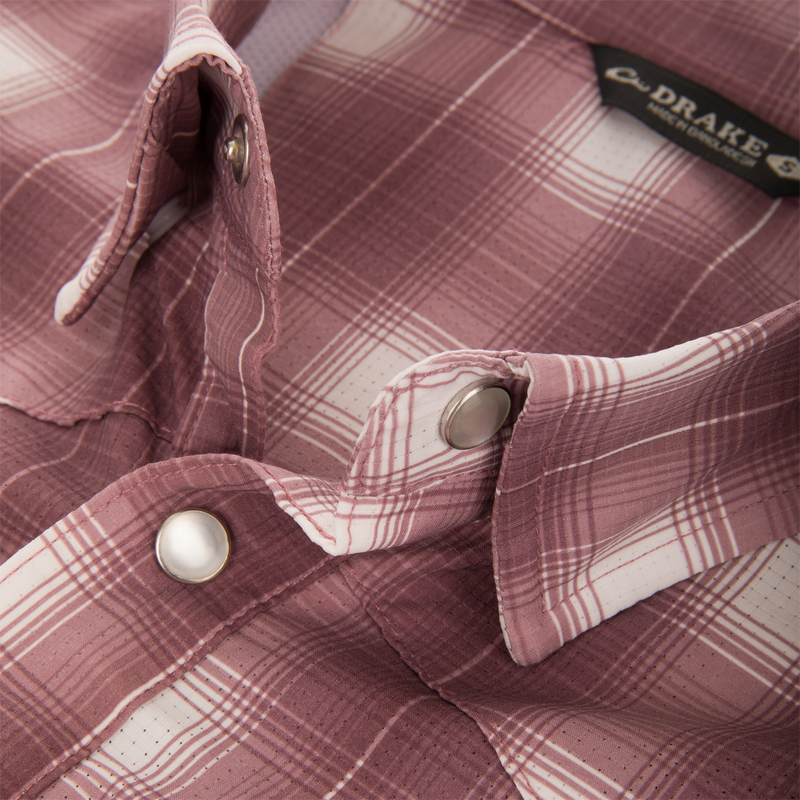 Cinco Ranch Western Plaid Long Sleeve Shirt with micro-mesh weave, faux pearl snaps, and vented back, ideal for comfort and performance in outdoor activities.