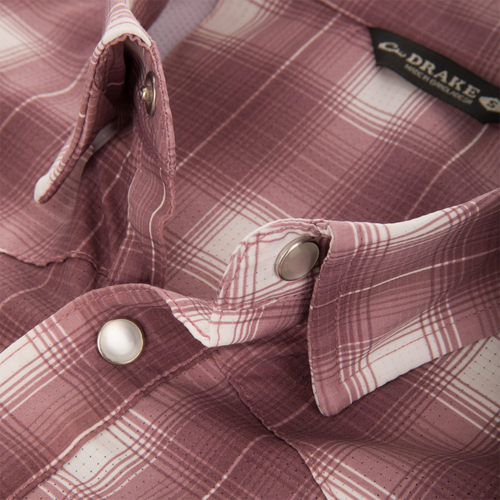 Cinco Ranch Western Plaid Long Sleeve Shirt with micro-mesh weave, faux pearl snaps, and vented back, ideal for comfort and performance in outdoor activities.