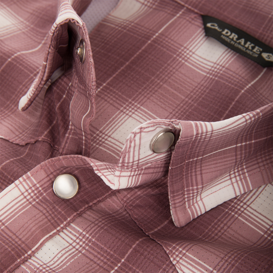 Cinco Ranch Western Plaid Long Sleeve Shirt with micro-mesh weave, faux pearl snaps, and vented back, ideal for comfort and performance in outdoor activities.