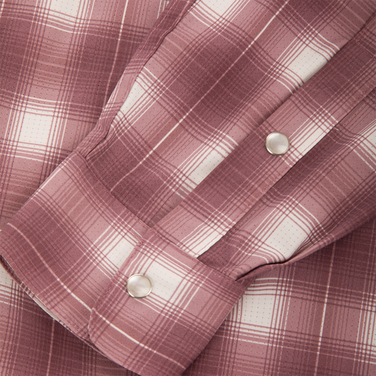 Cinco Ranch Western Plaid Long Sleeve Shirt with faux pearl snaps and buttoned chest pockets, showcasing detailed craftsmanship and performance fabric features for outdoor activities.