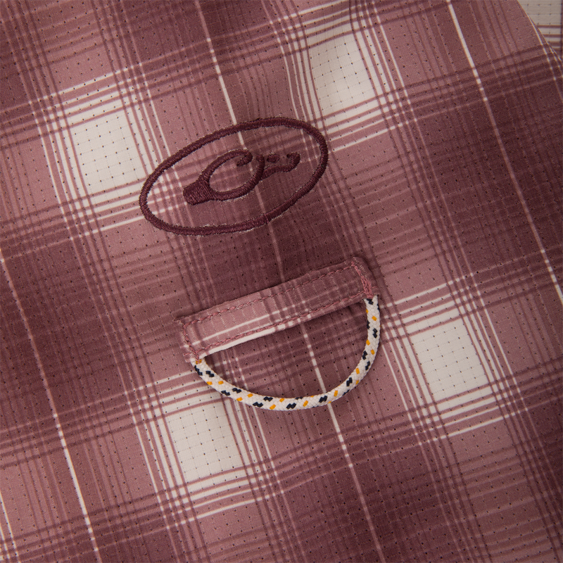 Cinco Ranch Western Plaid Long Sleeve Shirt with close-up views showcasing the fabric's micro-mesh weave, faux pearl snap buttons, and logo detail.