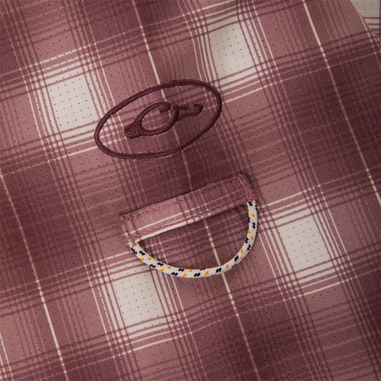 Cinco Ranch Western Plaid Long Sleeve Shirt with close-up views showcasing the fabric's micro-mesh weave, faux pearl snap buttons, and logo detail.