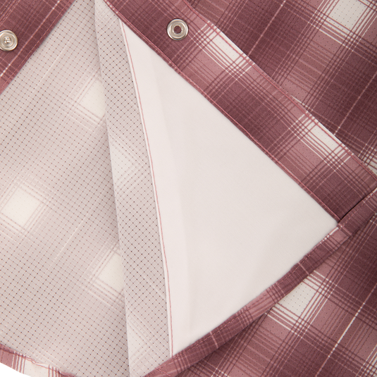 Close-up of the Cinco Ranch Western Plaid Long Sleeve Shirt, highlighting its micro-mesh fabric and faux pearl snaps, emphasizing comfort and performance features.