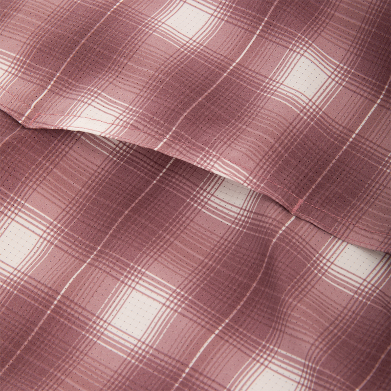 Close-up of the Cinco Ranch Western Plaid Long Sleeve Shirt showcasing its pink and white plaid micro-mesh fabric, highlighting texture and weave.