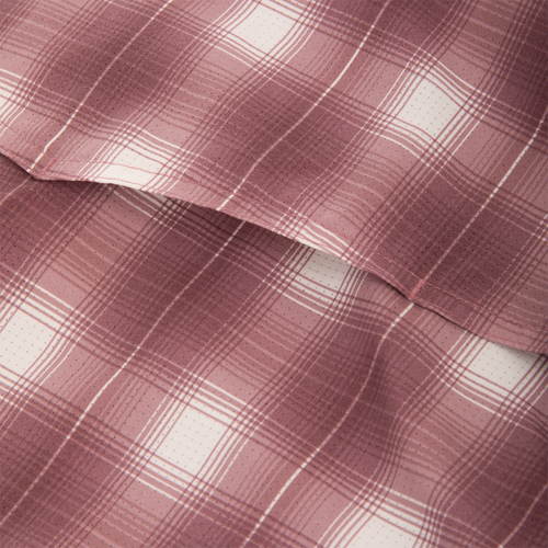 Close-up of the Cinco Ranch Western Plaid Long Sleeve Shirt showcasing its pink and white plaid micro-mesh fabric, highlighting texture and weave.