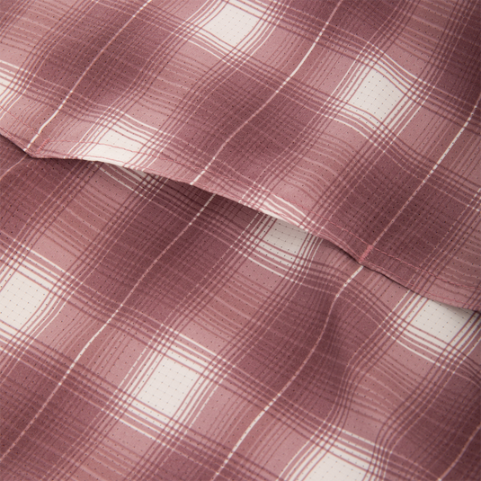 Close-up of the Cinco Ranch Western Plaid Long Sleeve Shirt showcasing its pink and white plaid micro-mesh fabric, highlighting texture and weave.