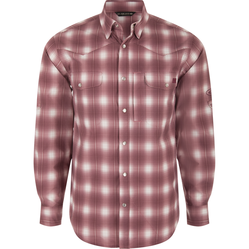 Cinco Ranch Western Plaid Long Sleeve Shirt with faux pearl snaps, vented back, and two chest pockets, designed for comfort and performance in outdoor activities.