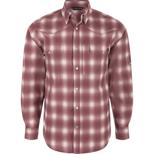 Cinco Ranch Western Plaid Long Sleeve Shirt with faux pearl snaps, vented back, and two chest pockets, designed for comfort and performance in outdoor activities.