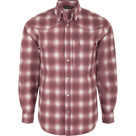 Cinco Ranch Western Plaid Long Sleeve Shirt with faux pearl snaps, vented back, and two chest pockets, designed for comfort and performance in outdoor activities.