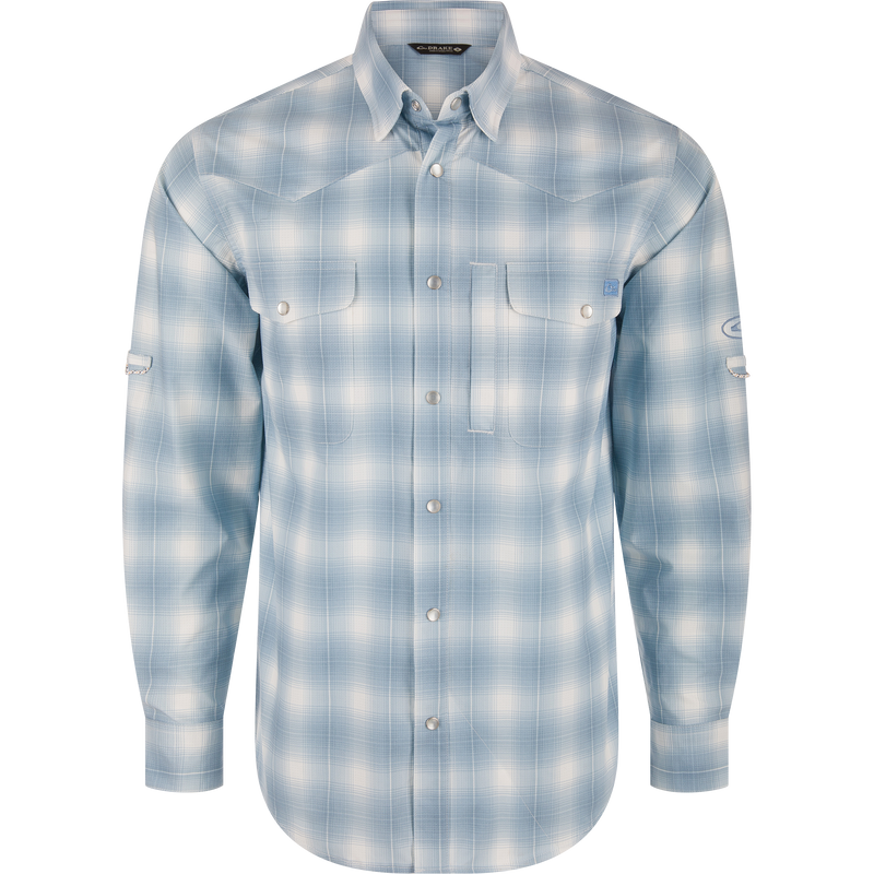 Cinco Ranch Western Plaid Long Sleeve Shirt with micro-mesh weave, faux pearl snaps, and vented back for comfort and performance. Ideal for active outdoor use.