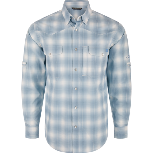Cinco Ranch Western Plaid Long Sleeve Shirt with micro-mesh weave, faux pearl snaps, and vented back for comfort and performance. Ideal for active outdoor use.