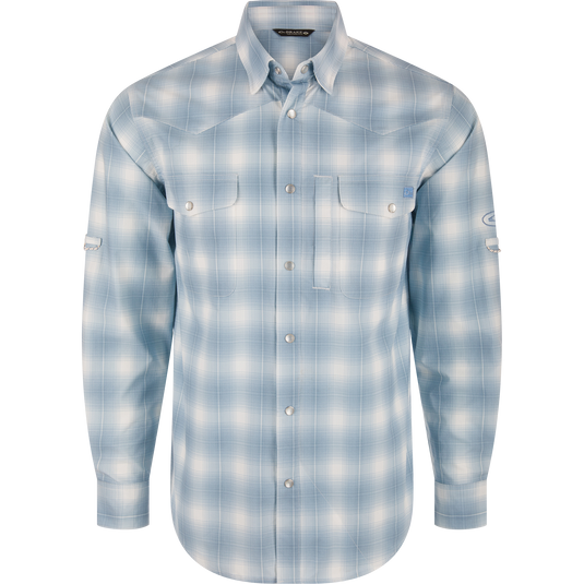 Cinco Ranch Western Plaid Long Sleeve Shirt with micro-mesh weave, faux pearl snaps, and vented back for comfort and performance. Ideal for active outdoor use.