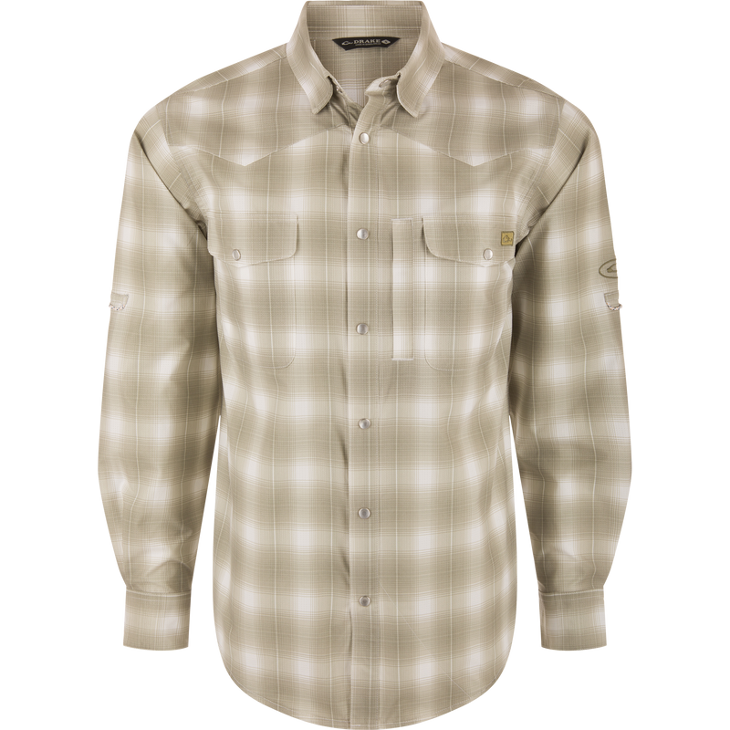 Cinco Ranch Western Plaid Long Sleeve Shirt with faux pearl snaps, vented back, snap chest pockets, and roll-up sleeves, designed for performance and comfort.