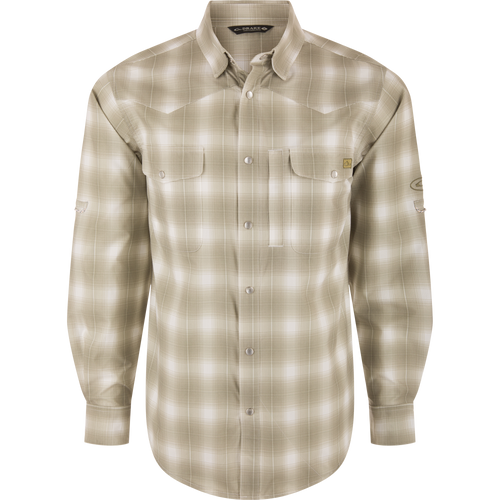 Cinco Ranch Western Plaid Long Sleeve Shirt with faux pearl snaps, vented back, snap chest pockets, and roll-up sleeves, designed for performance and comfort.