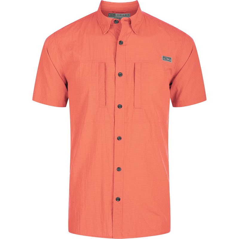 Close-up of the Drake Classic Seersucker Minicheck Button-Down Short Sleeve Shirt showcasing its button detail and seersucker texture for performance and style.