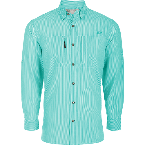 Classic Seersucker Stripe Shirt L/S, a close-up of a green and white striped shirt with a button-down collar and hidden zippered chest pocket.