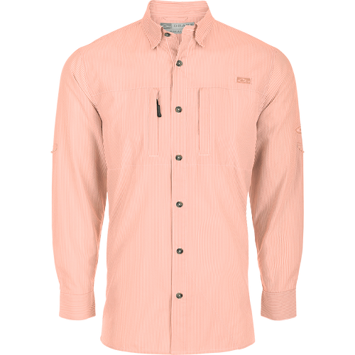 Classic Seersucker Stripe Shirt L/S: A button-down collar shirt with a hidden zippered chest pocket and Magnattach™ closure. Vented cape back for ventilation.