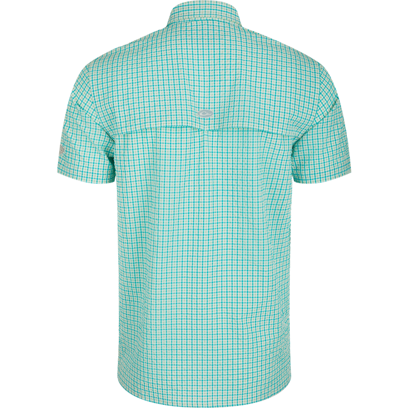 Back view of Drake Classic Seersucker Grid Check Shirt featuring a hidden zippered chest pocket, Magnattach™ closure, vented cape back, and UPF30 sun protection. Ideal for hunting and outdoor activities.