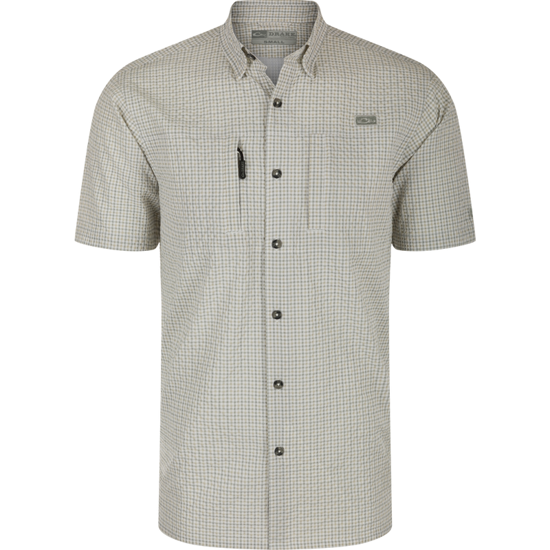 Classic Seersucker Grid Check Shirt S/S with hidden button-down collar, vented cape back, and Magnattach™ chest pocket, designed for comfort and quick-drying performance.