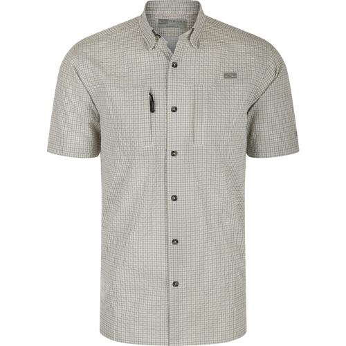 Classic Seersucker Grid Check Shirt S/S with hidden button-down collar, vented cape back, and Magnattach™ chest pocket, designed for comfort and quick-drying performance.