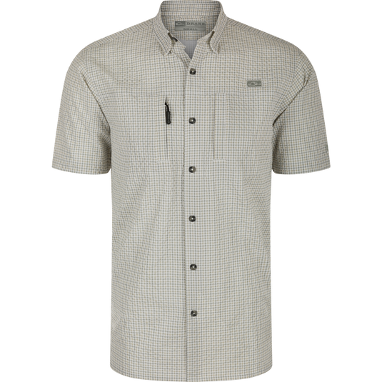 Classic Seersucker Grid Check Shirt S/S with hidden button-down collar, vented cape back, and Magnattach™ chest pocket, designed for comfort and quick-drying performance.