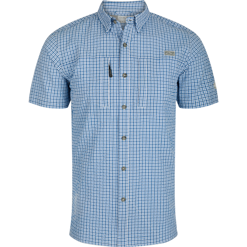 Classic Seersucker Grid Check Shirt S/S with hidden button-down collar, vented cape back, and Magnattach™ pocket, designed for moisture-wicking, quick-drying, and sun protection.