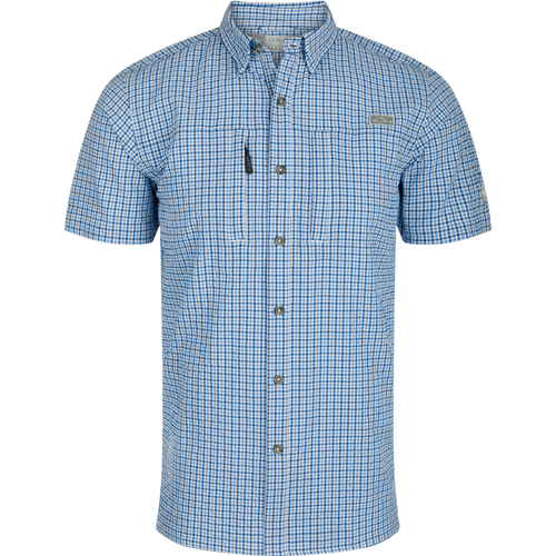 Classic Seersucker Grid Check Shirt S/S with hidden button-down collar, vented cape back, and Magnattach™ pocket, designed for moisture-wicking, quick-drying, and sun protection.