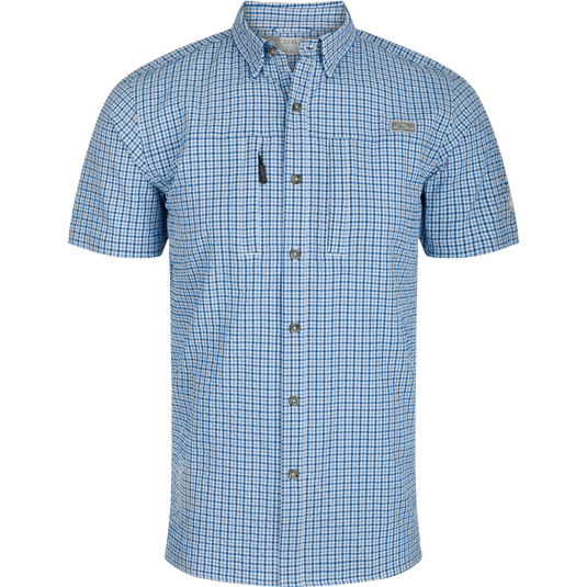 Classic Seersucker Grid Check Shirt S/S with hidden button-down collar, vented cape back, and Magnattach™ pocket, designed for moisture-wicking, quick-drying, and sun protection.