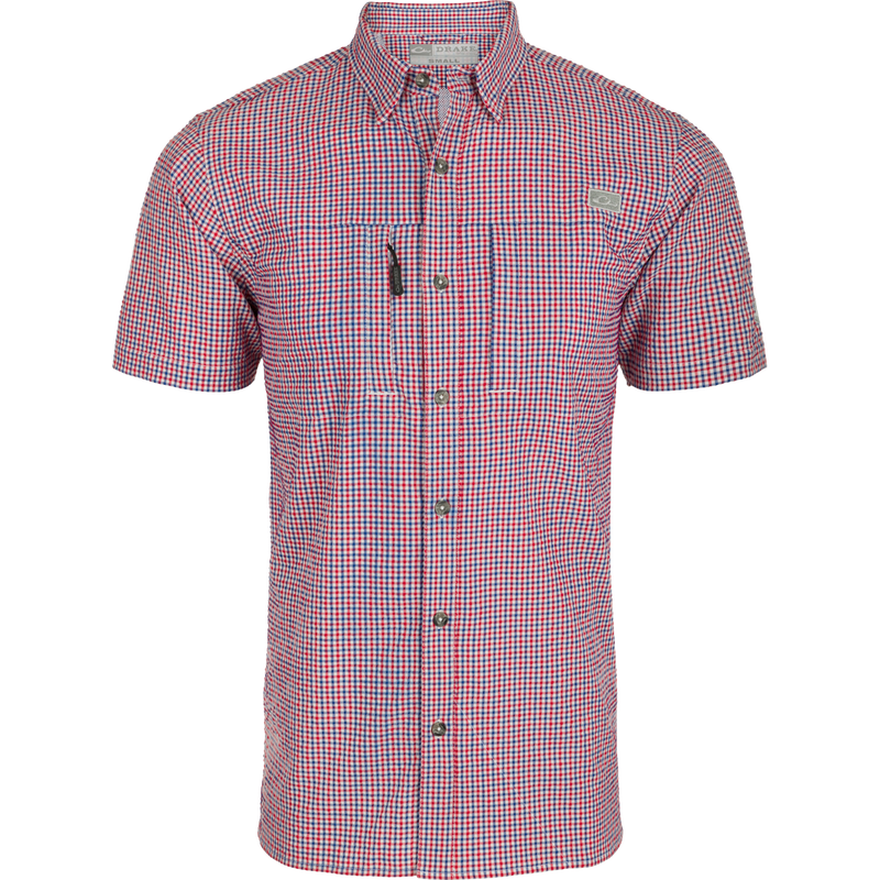 Classic Seersucker Grid Check Shirt S/S with a hidden zippered pocket, button-down collar, and vented cape back, designed for moisture wicking and sun protection.