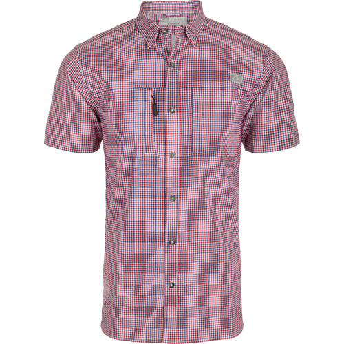 Classic Seersucker Grid Check Shirt S/S with a hidden zippered pocket, button-down collar, and vented cape back, designed for moisture wicking and sun protection.