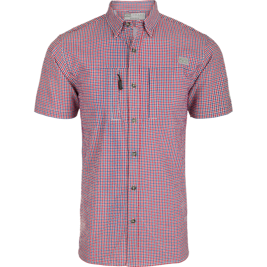 Classic Seersucker Grid Check Shirt S/S with a hidden zippered pocket, button-down collar, and vented cape back, designed for moisture wicking and sun protection.