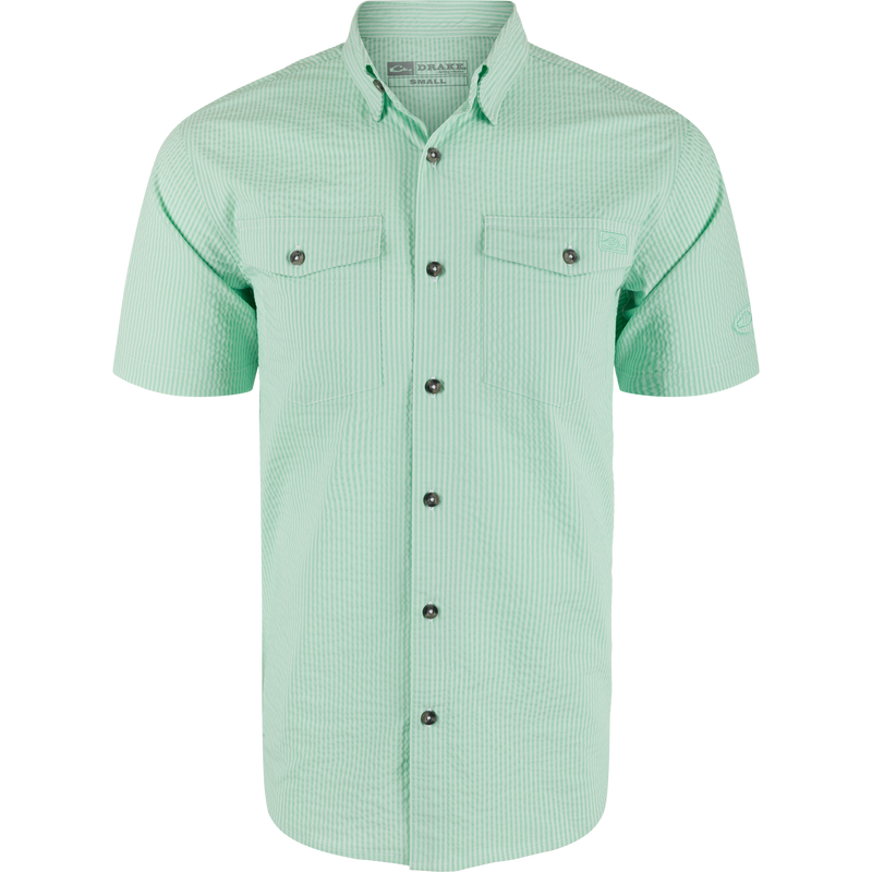 Frat Seersucker Striped Button-Down Short Sleeve Shirt on mannequin, featuring button-down collar, two flap chest pockets, dark buttons, vented cape back, and sculpted hem.