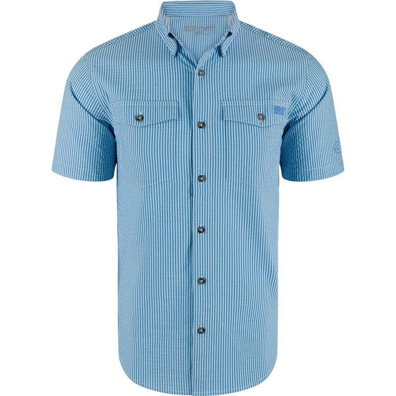 Frat Seersucker Striped Button-Down Short Sleeve Shirt with classic point collar, two chest flap pockets, vented cape back, and hidden button-down collar.
