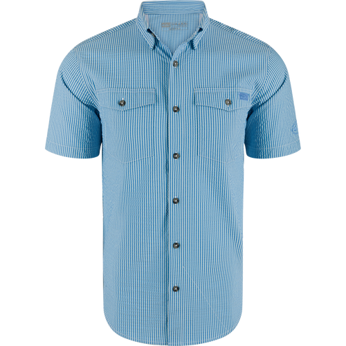 Frat Seersucker Striped Button-Down Short Sleeve Shirt with classic point collar, two chest flap pockets, vented cape back, and hidden button-down collar.