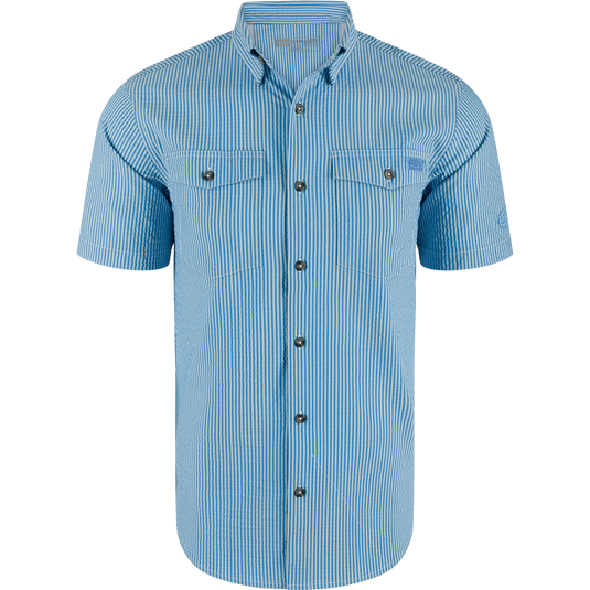 Frat Seersucker Striped Button-Down Short Sleeve Shirt with classic point collar, two chest flap pockets, vented cape back, and hidden button-down collar.