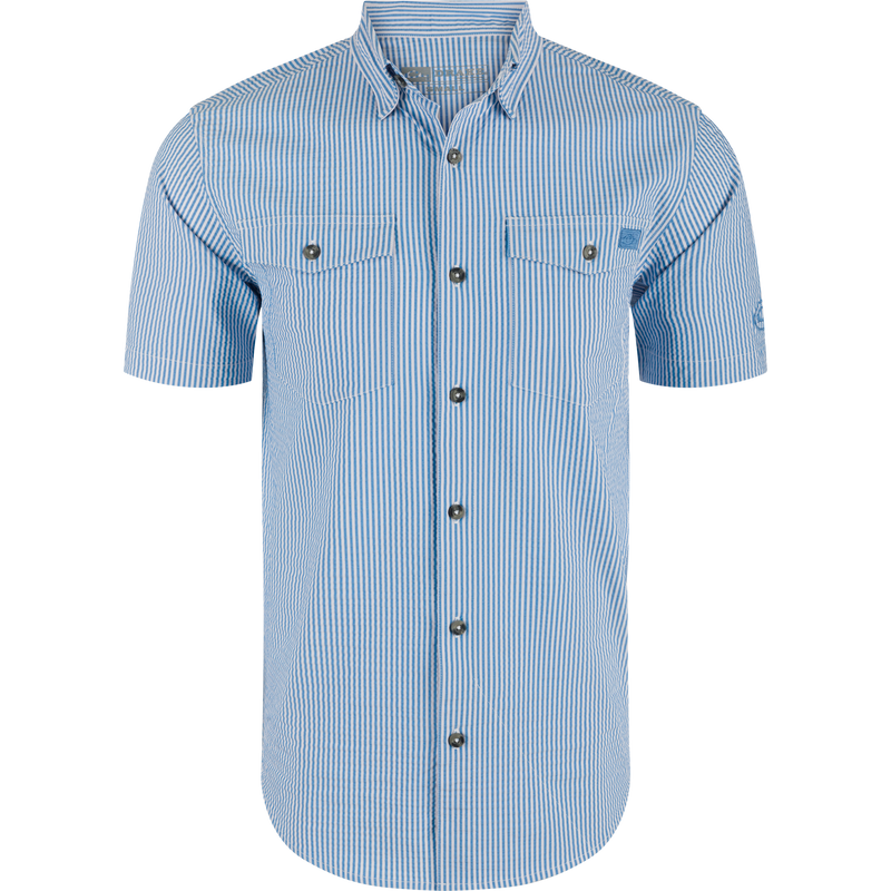 Frat Seersucker Striped Button-Down Short Sleeve Shirt, featuring a classic fit, hidden button-down collar, vented cape back, and two chest pockets.