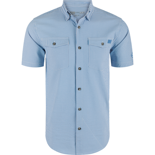 Frat Seersucker Striped Button-Down Short Sleeve Shirt, featuring a classic fit, hidden button-down collar, vented cape back, and two chest pockets.