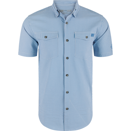 Frat Seersucker Striped Button-Down Short Sleeve Shirt, featuring a classic fit, hidden button-down collar, vented cape back, and two chest pockets.
