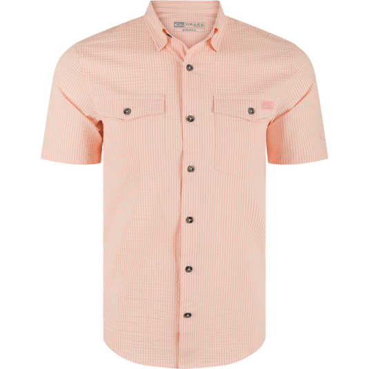 Frat Seersucker Striped Button-Down Short Sleeve Shirt with point collar, button-flap chest pockets, curved hem, and vented cape back for comfort and performance.