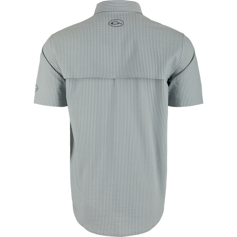 Back view of the Frat Seersucker Striped Button-Down Short Sleeve Shirt, showcasing vented cape back and classic fit, ideal for active outdoor use.