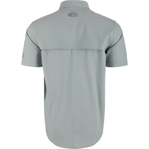 Back view of the Frat Seersucker Striped Button-Down Short Sleeve Shirt, showcasing vented cape back and classic fit, ideal for active outdoor use.