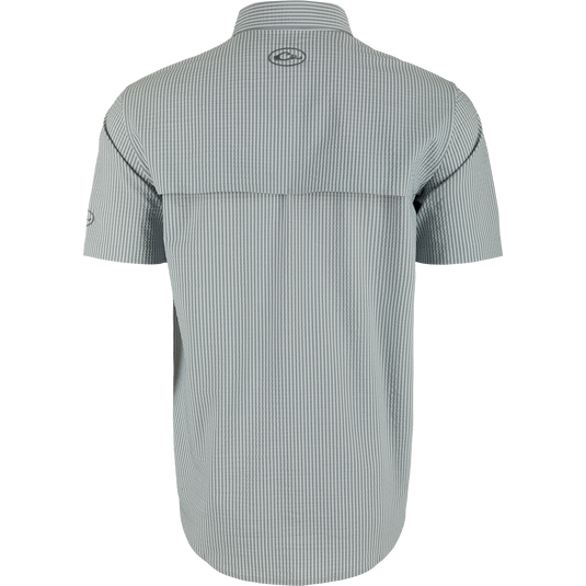 Back view of the Frat Seersucker Striped Button-Down Short Sleeve Shirt, showcasing vented cape back and classic fit, ideal for active outdoor use.