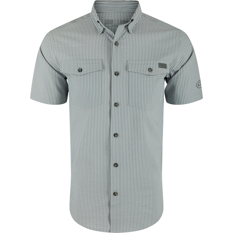 Frat Seersucker Striped Button-Down Shirt, featuring a hidden collar, flap chest pockets, and vented back, crafted from lightweight, moisture-wicking fabric with sun protection.