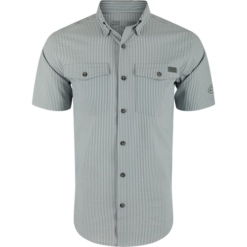Frat Seersucker Striped Button-Down Shirt, featuring a hidden collar, flap chest pockets, and vented back, crafted from lightweight, moisture-wicking fabric with sun protection.