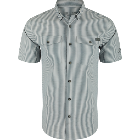 Frat Seersucker Striped Button-Down Shirt, featuring a hidden collar, flap chest pockets, and vented back, crafted from lightweight, moisture-wicking fabric with sun protection.