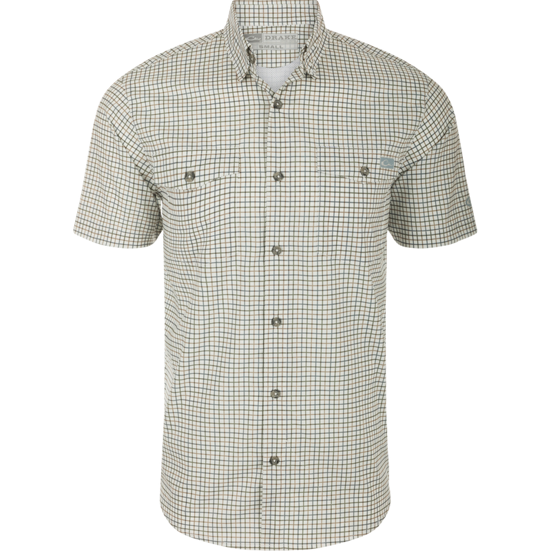 Drake Frat Tattersall Button-Down Short Sleeve Shirt with vented cape back, button-down collar, and chest pockets, designed for performance and comfort.