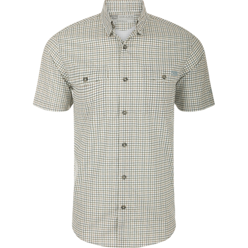 Drake Frat Tattersall Button-Down Short Sleeve Shirt with vented cape back, button-down collar, and chest pockets, designed for performance and comfort.