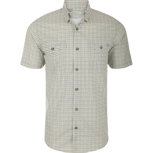 Drake Frat Tattersall Button-Down Short Sleeve Shirt with vented cape back, button-down collar, and chest pockets, designed for performance and comfort.