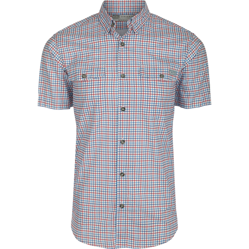 Frat Tattersall Button-Down Short Sleeve Shirt with windowpane check, two button-flap chest pockets, and vented cape back, ideal for comfort and performance.